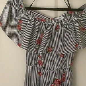 Calvin Klein Floral Striped Off-Shoulder Dress